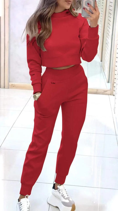 Stand Collar Sports Suit Fashion Pullover Long-sleeves Short Top And Slim Trousers With Pockets Solid Outfits Women's Clothing