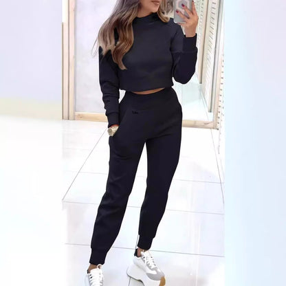 Stand Collar Sports Suit Fashion Pullover Long-sleeves Short Top And Slim Trousers With Pockets Solid Outfits Women's Clothing